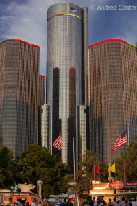 Renaissance Center from Hart Plaza, © Andrea Canter