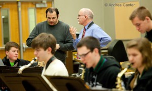 Chris Bates and Pat Moriarty with Roseville jazz students, © Andrea Canter 