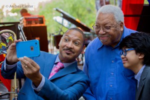 Marsalis father and son, with Joey, posing for a selfie, © Andrea Canter